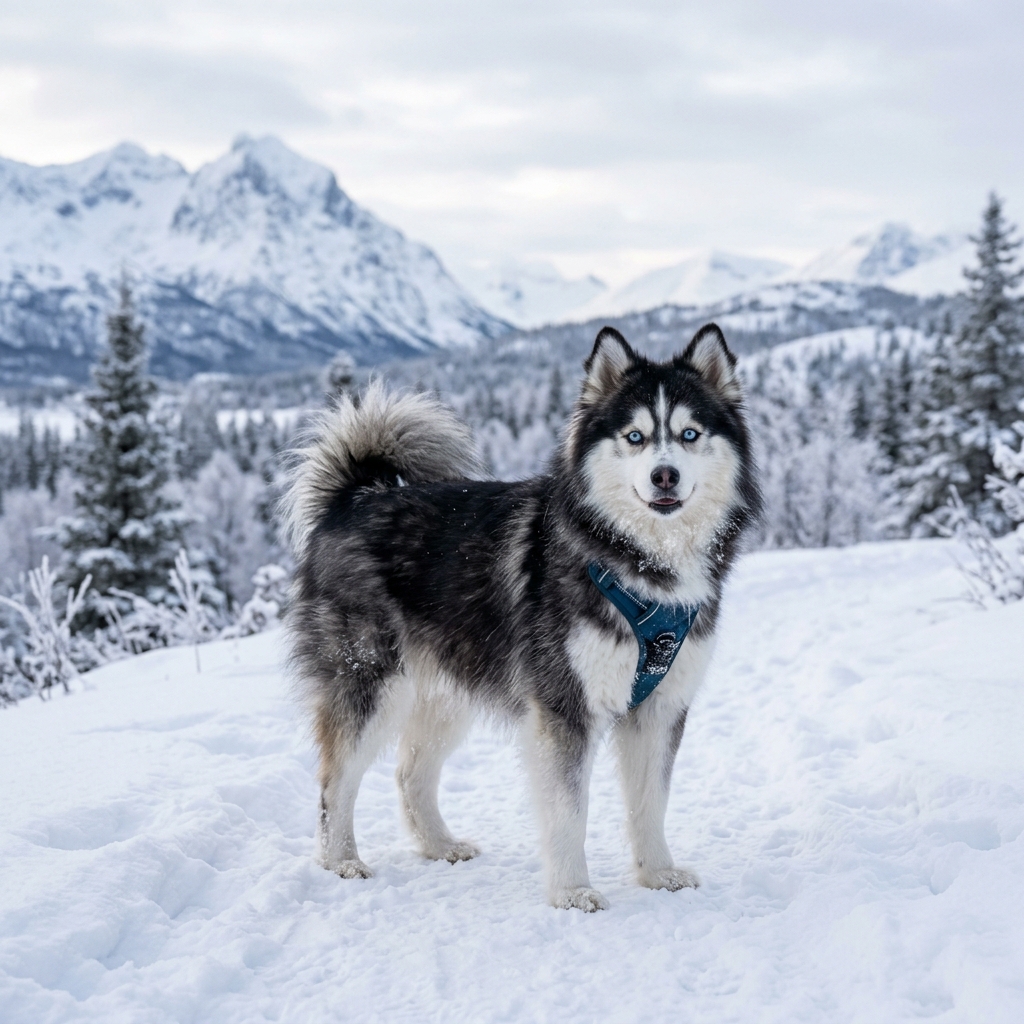Pomsky in snow raised by Fox and Frost Pomskies
